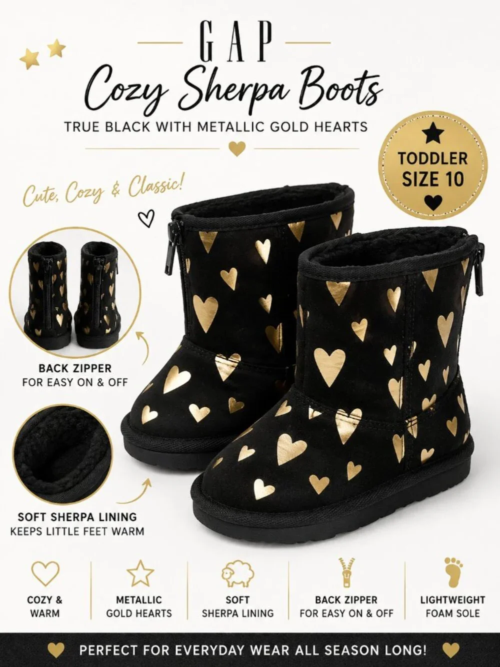 GAP Toddler Size 10 Black Metallic Gold Heart Sherpa Boots Back Zip Cozy Fall